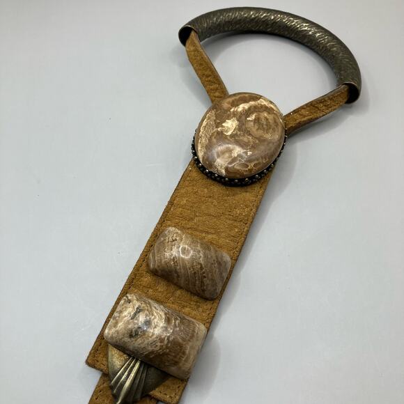 Women’s Belt Leather Stones Metal Artisan Unique Tan Velcro Adjustable 41” - Picture 5 of 9